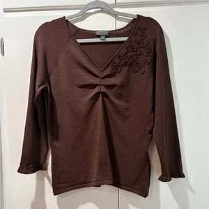Classiques Entier Chocolate V-Neck Blouse with Rose Detail
